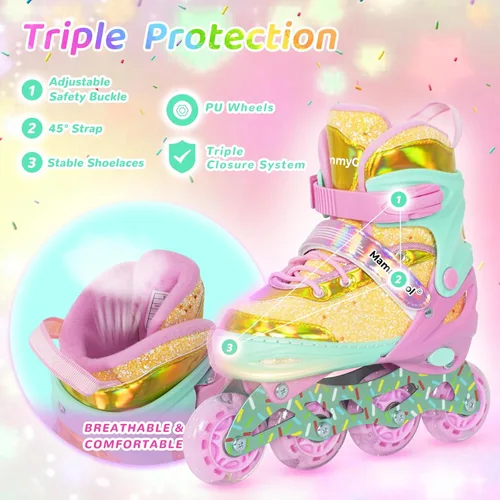 Miniatura 4 de Mammygol Patines en línea para niñas y niños, 4 tamaños ajustables para niñas de 3 a 12 años con ruedas iluminadas y protección de seguridad, regalo