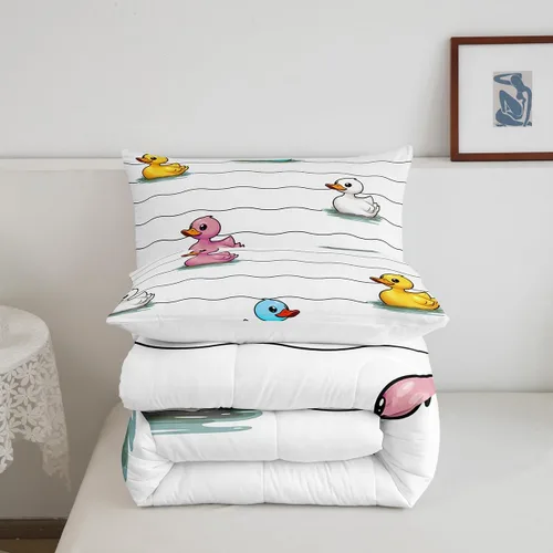 Miniatura 5 de Erosebridal Juego de ropa de cama a cuadros azul para niños, juego de cama individual con diseño de patos amarillos de dibujos animados, juego