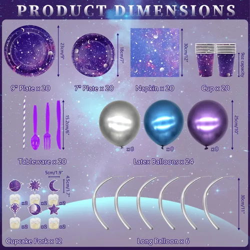 Miniatura 4 de Space Galaxy Party Supplies - Juego de vajilla para fiestas, incluye pancarta, platos, servilletas para cupcakes, vasos, mantel, globos, globos