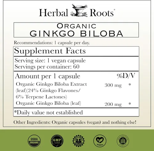 Miniatura 2 de Herbal Roots Ginkgo Biloba Orgánico Hecho con Hoja y Extracto de Ginkgo Orgánico Puro - 60 Cápsulas Veganas