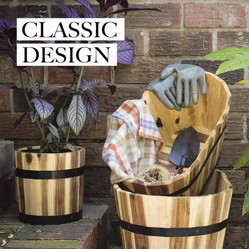 Miniatura 6 de Avera Products Maceta ovalada de barril de madera, maceta de 15 x 8.5 x 8 pulgadas Maceta interior o exterior Barril de madera de acacia