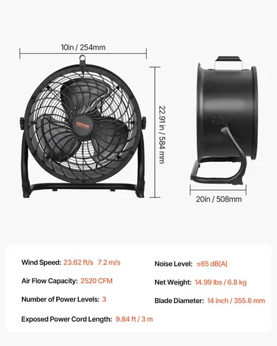 Miniatura 7 de VEVOR Ventilador circulador de aire de tambor de alta velocidad, ventilador industrial de 3 velocidades de 14 pulgadas, ventilador de piso ajustable