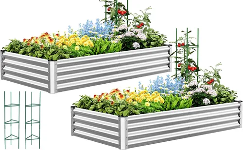 Miniatura 19 de Quictent Jardinera elevada galvanizada de 6 x 3 x 2 pies, maceta de metal sin fondo para patio trasero al aire libre, incluye 1 jaula de tomate Gris