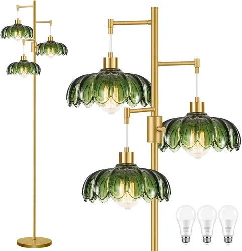 Miniatura 10 de Lámparas de pie doradas para sala de estar lámpara de pie vintage con forma de L de vidrio y tres bombillas led, lámpara de pie verde de latón