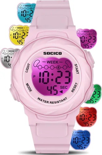 Miniatura 9 de SOCICO Relojes digitales para niños y niñas, 7 luces de color impermeables, reloj deportivo para exteriores con cronómetro, alarma, fecha, gran