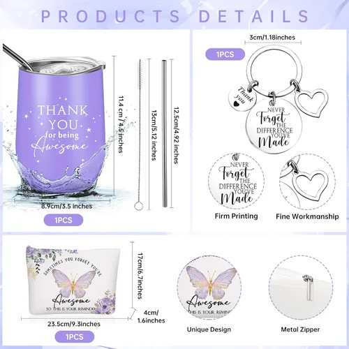 Miniatura 2 de Sieral Regalo de agradecimiento para mujeres, vaso de acero inoxidable de 12 onzas, llavero de agradecimiento y bolsa de maquillaje de lona, regalos