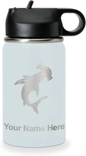 Miniatura 65 de LaserGram Botella de agua personalizada, tiburón martillo, acero inoxidable de doble pared aislada al vacío con popote superior, regalo grabado