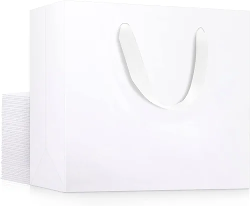 EUSOAR Bolsas de papel blanco para regalo a granel, paquete de 25 bolsas de 10.6 x 3.1 x 8.3 pulgadas, tamaño mediano, resistentes con asas, para