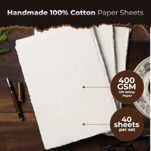 Miniatura 2 de Papel vintage de algodón egipcio, 400 GSM, 40 hojas, borde deckled, texturizado para dibujar y dibujar