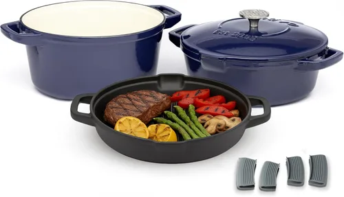 NATIVO Juego de utensilios de cocina apilables de hierro fundido de 5 piezas, horno holandés esmaltado versátil, sartén para parrilla sazonada y