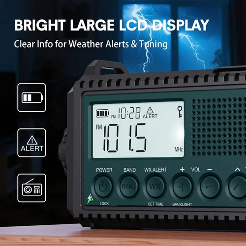 Miniatura 6 de AUTO NOAA Radio de emergencia de alerta, manivela solar portátil AM FM radio meteorológica de onda corta para supervivencia, radio a