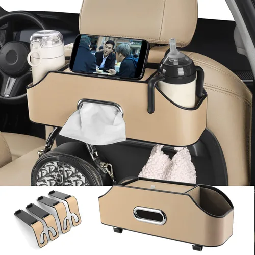 HOLDCY Organizador de asiento trasero de automóvil con 2 portavasos para bebidas, caja de pañuelos y gancho para caja de almacenamiento, Beige