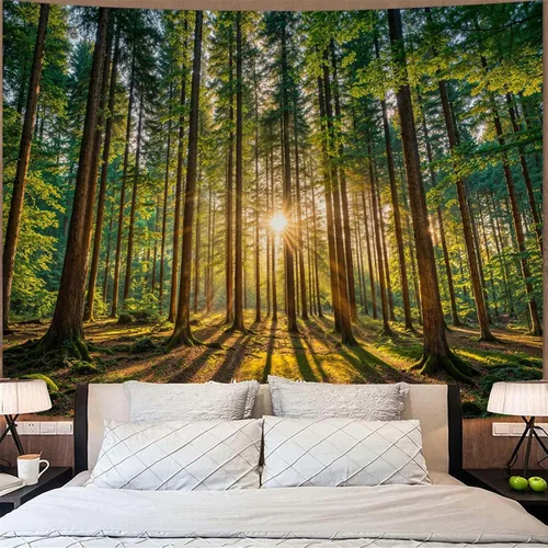 Miniatura 52 de Zussun Tapiz de Bosque Natural de Montaña Tapiz Verde de Pino Luz Solar Selva para Dormitorio Estético Planta Paisaje de Montaña Tapices Pequeños