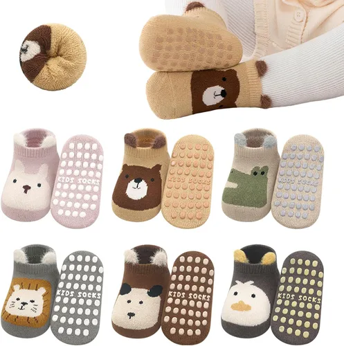Calcetines tobilleros antideslizantes para bebés con empuñaduras para niños pequeños, calcetines gruesos y cálidos antideslizantes para el suelo