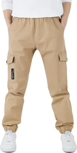 CAMLAKEE Pantalones cargo para niños, cintura elástica, pantalones deportivos de sarga para niños