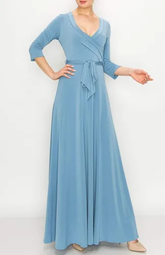 Miniatura 3 de Bon Rosy maxi vestido ceñido de mangas 34 y escote en V liso para mujer