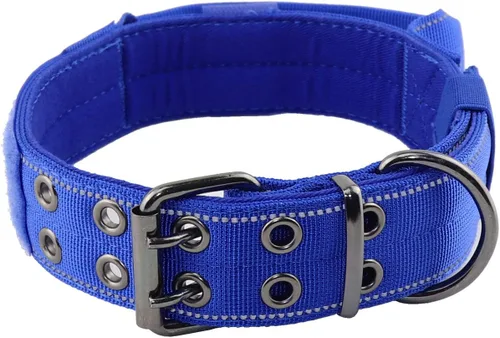 Collar reflectante para perro táctico resistente con mango de control y hebilla de metal para entrenamiento de perros (grande, azul)
