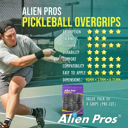 Miniatura 6 de ALIEN PROS Pickleball Overgrip (paquete de 4) con crestas para un mejor control de agarre, cinta de agarre de pickleball precortada y seca al tacto
