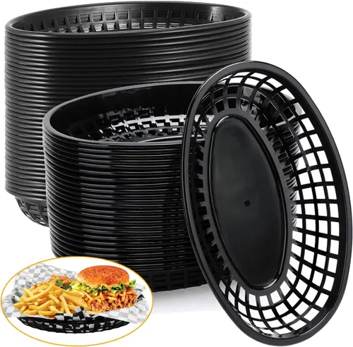 Paquete de 50 cestas de plástico negro para alimentos de 9 x 5.7 pulgadas, ovaladas para freír comida rápida, cestas de plástico para perros