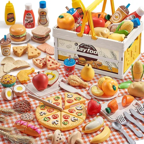 Juegos de comida de juguete para la cocina de los niños, juguetes de comida de simulación de paja de trigo con cesta de picnic para niños y manta de