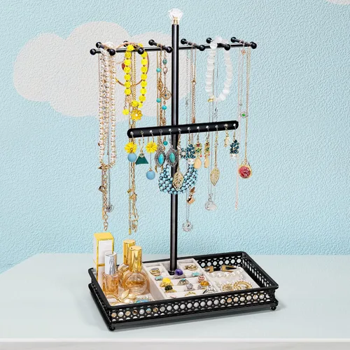 Miniatura 6 de Meangood Organizador de soporte para árbol de joyería, organizador de collares 3 en 1, exhibición de pulseras, aretes y bandeja para anillos