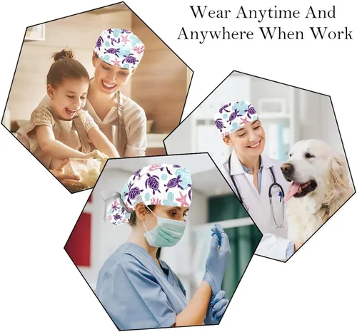 Miniatura 6 de 2 gorras de trabajo para mujer con botón Ocean Turtle cubierta de pelo largo cinta con cordones
