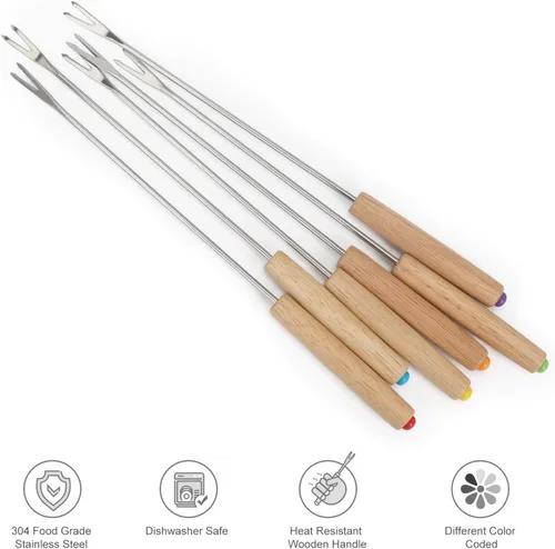 Miniatura 2 de STYDDI Tenedor para fondue, 18 tenedores de acero inoxidable para fondue de codificación de color con mango de madera para fuente de chocolate
