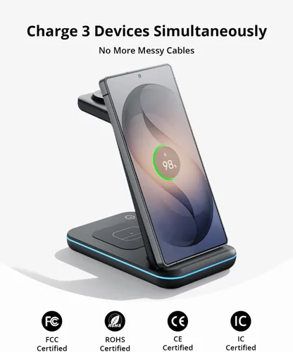 Miniatura 2 de Cargador inalámbrico para Samsung y Android: estación de carga JoyGeek 3 en 1 para S26/S25/S24/S23/S22/S21/S20/Note20/Z Fold&Flip, Galaxy Negro