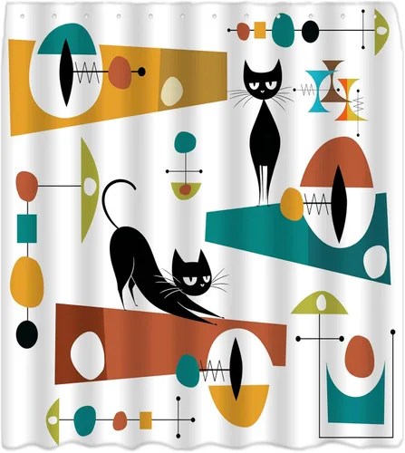 Miniatura 4 de Mid Century Black Cat Shower Curtain Modern Atomic Abstract Geometric Iconic Pattern Retro Black Kitty Animal 1950s 1960s Vintage Funny Teal Fabric