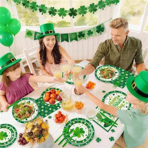 Miniatura 6 de 168 piezas de suministros para fiesta del día de San Patricio, platos y servilletas de papel del día de San Patricio, tazas, cuchillo, tenedor y St.