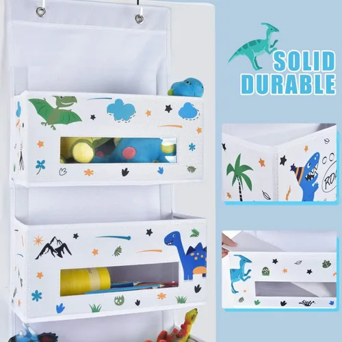 Miniatura 4 de WERNNSAI Organizador colgante de dinosaurio para colgar sobre la puerta, almacenamiento detrás de la puerta con 4 bolsillos transparentes
