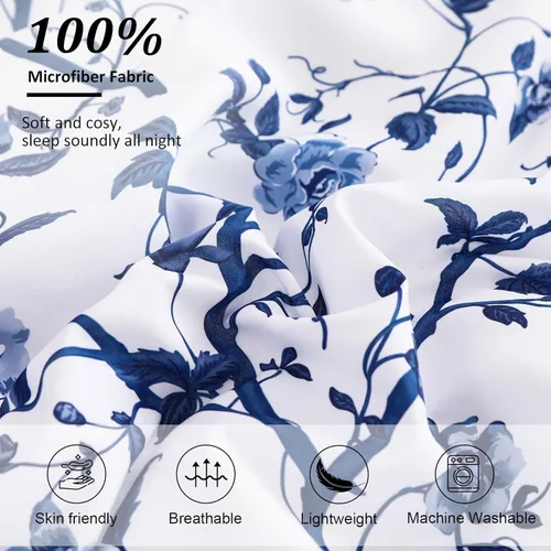 Miniatura 5 de Dobuyly Floral Comforter Twin Size Set, 5 Piece Bed in a Bag Blue Flowers on White Botanical Bedding Set, Soft Microfiber Bedding Comforter Sets for