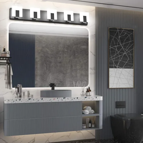 Miniatura 2 de Aipsun - 5 Lámparas de tocador, modernas, de color negro, con luz led arriba y abajo, para colocarlas sobre el espejo del tocador del baño, de 6,000