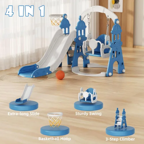 Miniatura 6 de XJD - Juego de tobogán y columpio 5 en 1 para niños pequeños, tobogán para niños de 1 año en adelante, juego de exterior para niños pequeños con aro