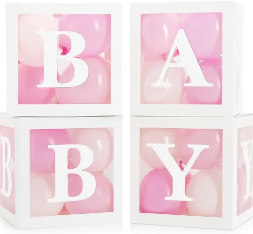 Cajas para Baby Shower con Letras – Cajas Blancas con Globos Rosas y Blancos – Set de 44 Piezas para Revelación de Género y Decoración de Fiesta de