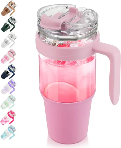 Miniatura 43 de Tronco Vaso de vidrio de 32 onzas con popote y tapa, tapa con popote 2 en 1 a prueba de fugas, botellas de agua de vidrio con asa, apto para Rosa