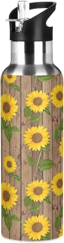 Sunflowers Green Leaves Insulated Stainless Steel Water Bottle with Straw 20 Oz, BPA-Free Sport Water Bottle Insulated Leakproof Water Bottles