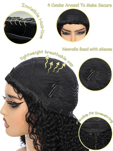 Miniatura 2 de Peluca de cabello humano rizado de 16 pulgadas para mujeres negras 3 en 1, sin costuras, con volteo por la mitad, sin pegamento, densidad 220