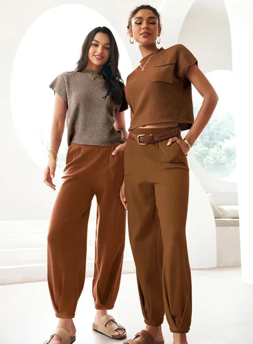 Miniatura 5 de MEROKEETY Conjunto de dos piezas para mujer, suéter de punto, sin botones, pantalones de cintura alta, conjunto de chándal