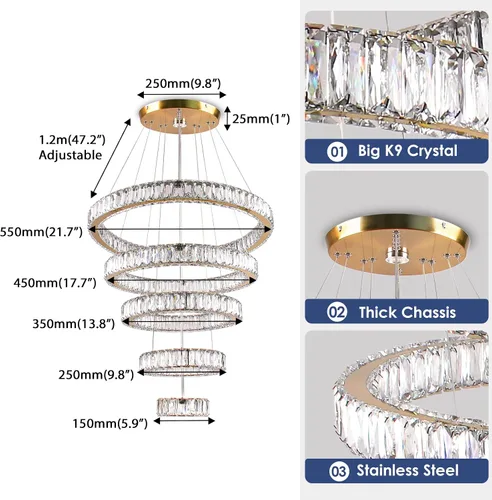 Miniatura 5 de Lámpara candelabro LED de cristal grande, moderna de 5 anillos, luz colgante ajustable para dormitorio, comedor, cocina (blanco cálido).