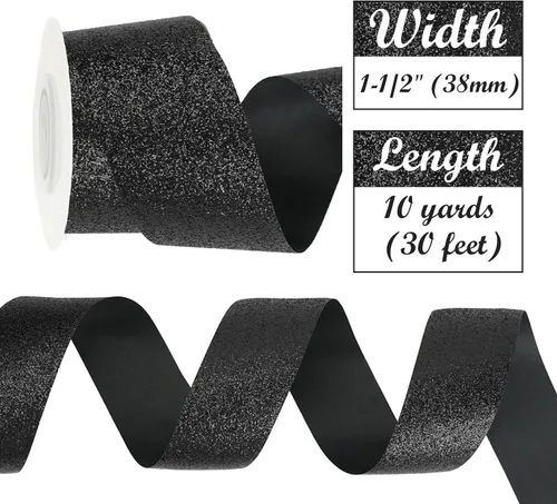Miniatura 2 de MEEDEE Cinta negra con purpurina para envolver regalo, cinta de borde cortado de 1-1/2 pulgadas x 10 yardas, cinta brillante para regalos, tarjetas