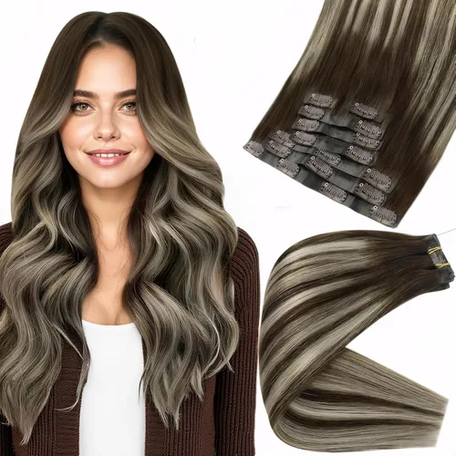 Miniatura 13 de Full Shine Extensiones de cabello humano con pinzas, cabello humano Remy invisible para mujer, color rubio platino, 20 pulgadas, 8 unidades, 4.23 oz