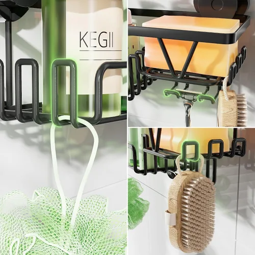 Miniatura 3 de KEGII Organizador de ducha con ventosa con soporte para jabón y ganchos, estante organizador de baño de succión extraíble, organizador de ducha sin