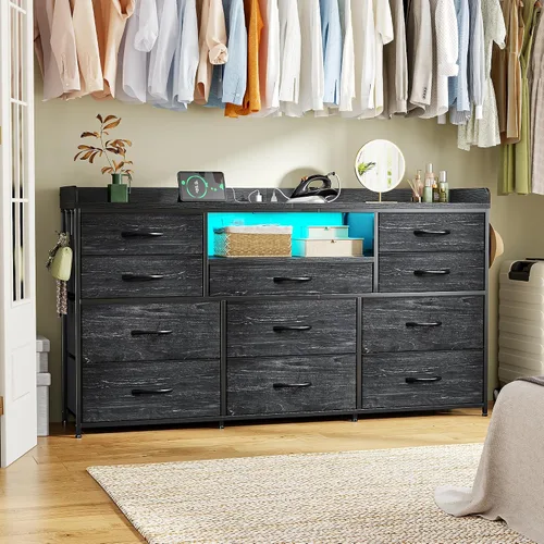 Miniatura 8 de Cómoda negra para dormitorio con luces LED y estación de carga y 4 ganchos, 11 cajones y cómodas de tela larga para TV de 50, 55, 60 pulgadas