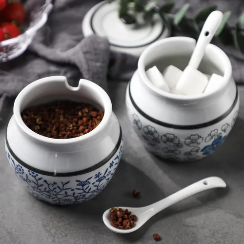 Miniatura 5 de Bodega de sal de cerámica con tapa y cuchara, cuencos de sal y pimienta, juego de 2 tarros de condimentos de porcelana, contenedor de especias, caja