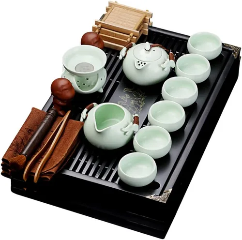 fanquare Juego de té chino de cerámica Kung Fu con bandeja de té y pequeñas herramientas de té, servicio de té de porcelana, blanco