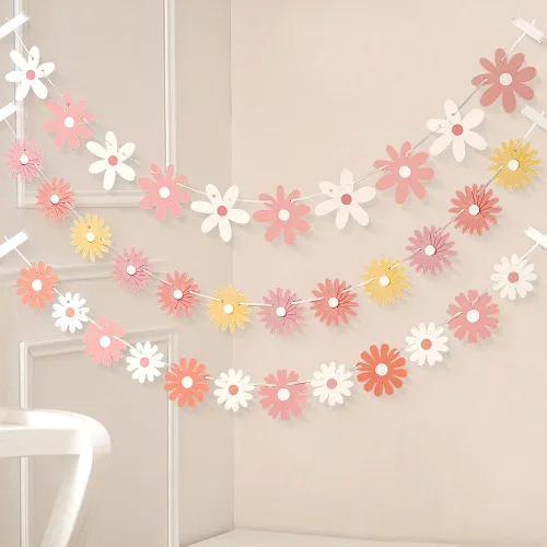 Miniatura 8 de Paquete de 3 pancartas de margaritas rosadas, decoraciones únicas de margaritas florales, guirnalda de margaritas florales, decoración de papel