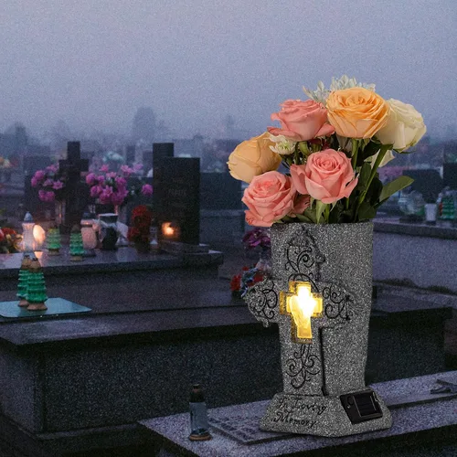 Miniatura 2 de HUYIENO Jarrón solar de cementerio con LED para flores frescas/artificiales, florero de cruz de flores de tumba, jarrones con pinchos, decoración