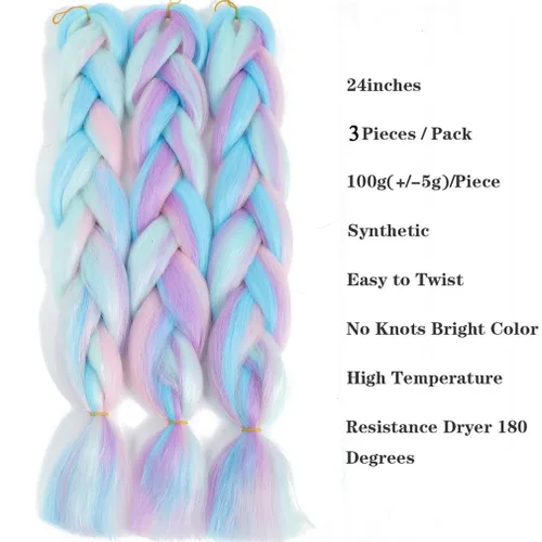 Miniatura 2 de Paquete de 3 extensiones de cabello trenzado de arco iris de 24 pulgadas, mezcla de cuatro colores para trenzas, trenzas de caja jumbo de fibra