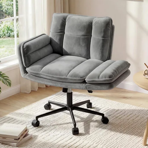 Miniatura 9 de Silla cruzada con ruedas, silla de oficina ergonómica con reposabrazos ajustables, silla de tocador con respaldo para dormitorio, sala de maquillaje